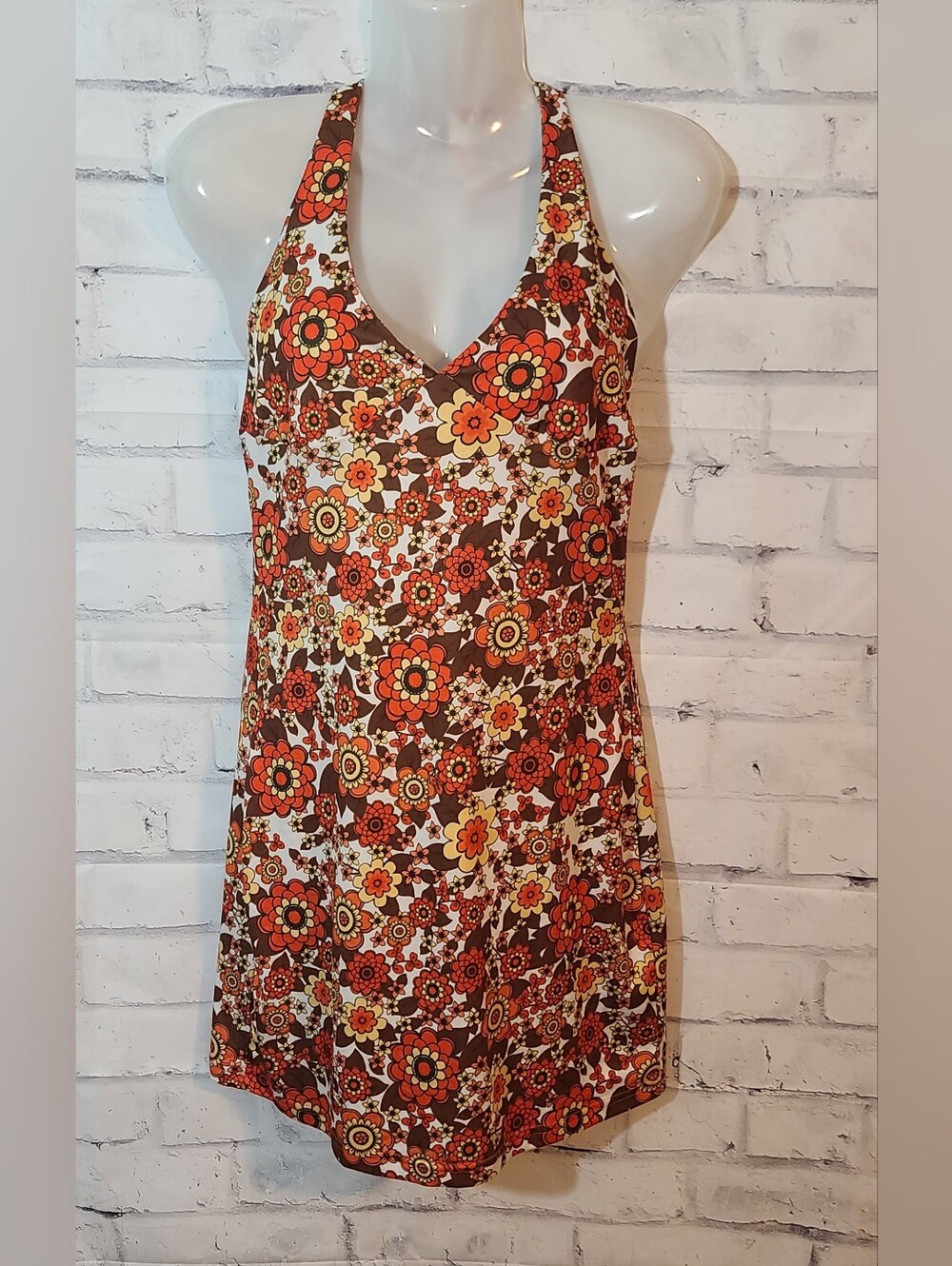 Retro 70's Look Floral V-Neck Halter Tie Back Stretch Open Back Mini Dress M